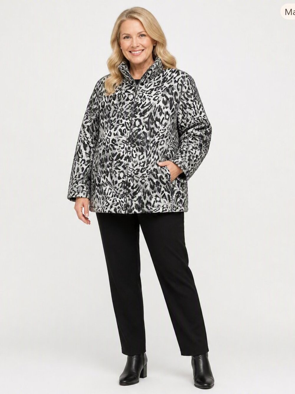 Alfred Dunner 22W Puffer Jacket Blk/ Wht Leopard Print Grannycore Bold Neutrals